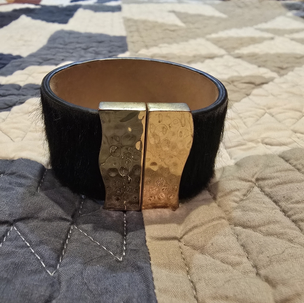Rustic Cuff Black Hair-On Leather Cuff with Hammered Gold Clasp